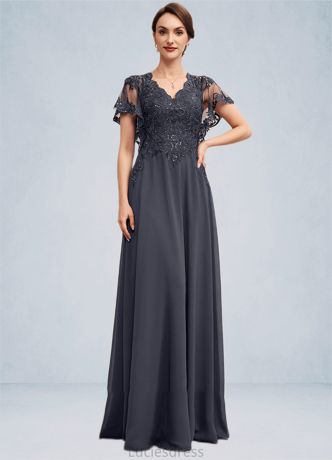 Sylvia A-line V-Neck Floor-Length Chiffon Lace Mother of the Bride Dress With Sequins HF126P0014542