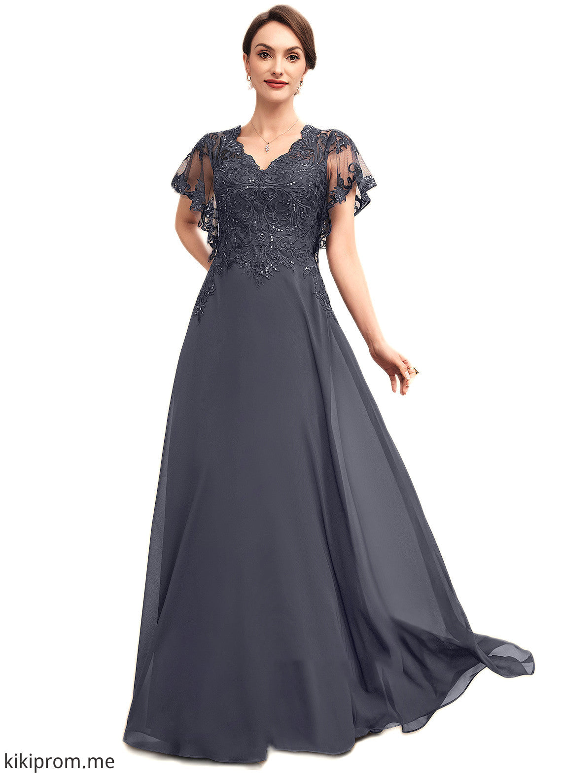 Autumn A-line V-Neck Floor-Length Chiffon Lace Mother of the Bride Dress With Sequins STF126P0014542