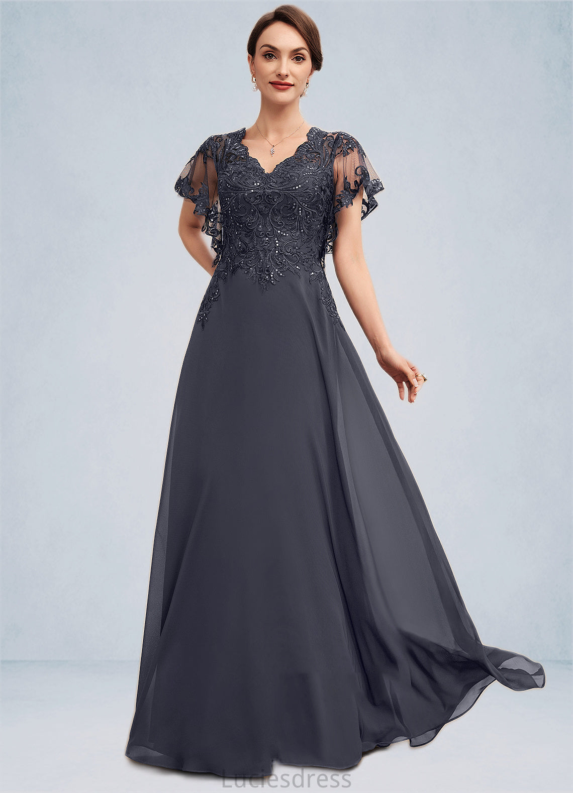 Sylvia A-line V-Neck Floor-Length Chiffon Lace Mother of the Bride Dress With Sequins HF126P0014542