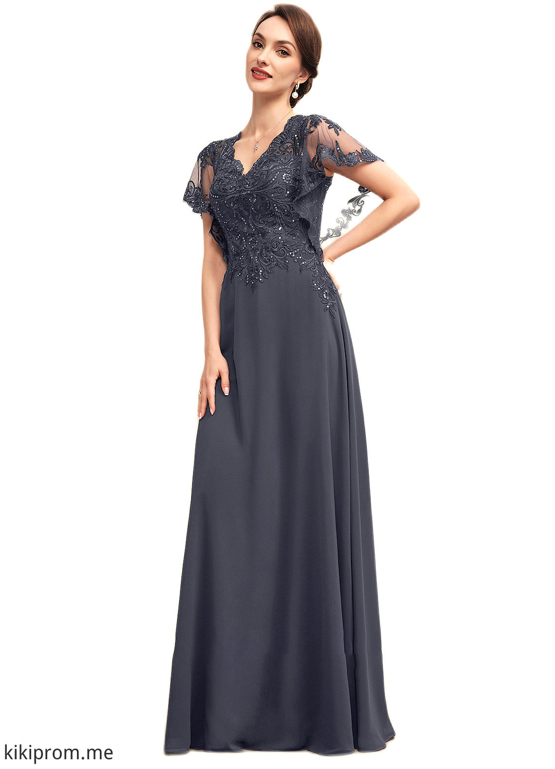 Autumn A-line V-Neck Floor-Length Chiffon Lace Mother of the Bride Dress With Sequins STF126P0014542