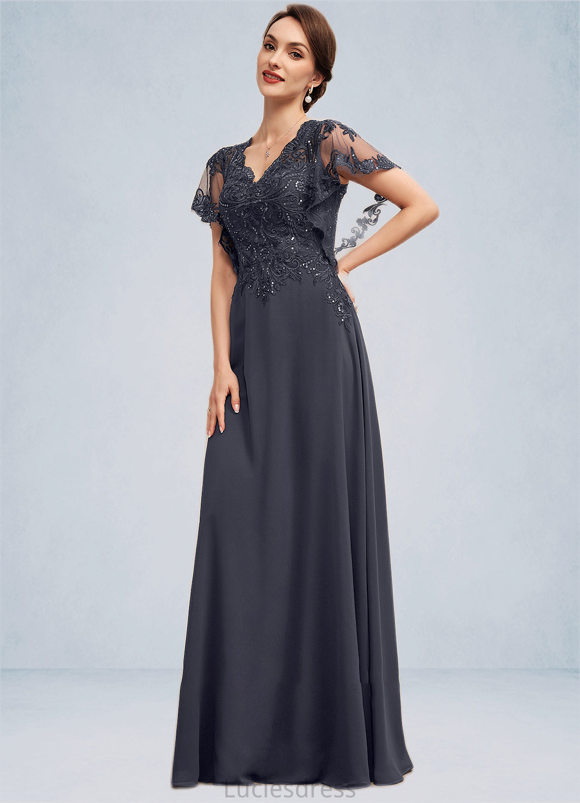 Sylvia A-line V-Neck Floor-Length Chiffon Lace Mother of the Bride Dress With Sequins HF126P0014542