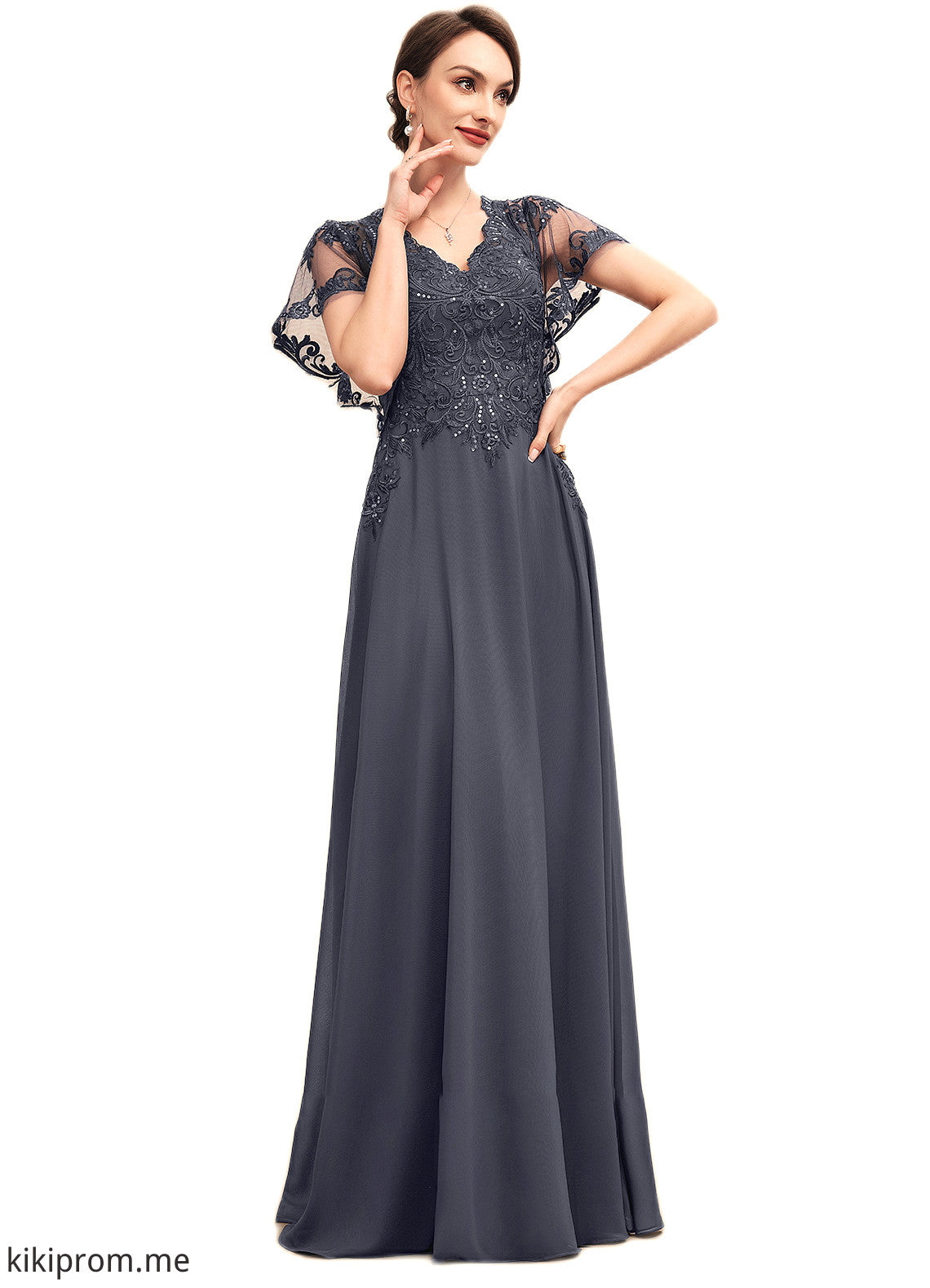 Autumn A-line V-Neck Floor-Length Chiffon Lace Mother of the Bride Dress With Sequins STF126P0014542