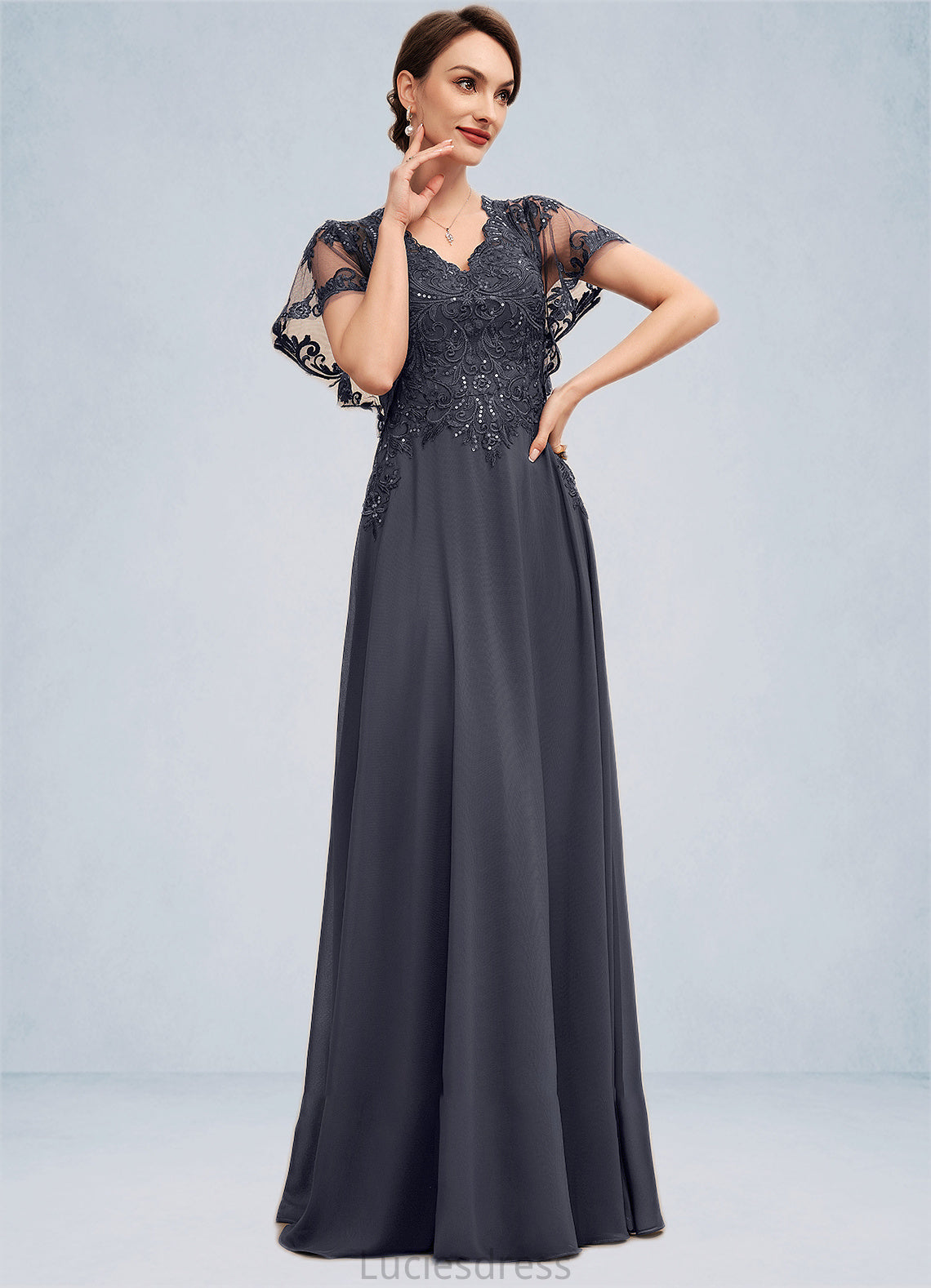 Sylvia A-line V-Neck Floor-Length Chiffon Lace Mother of the Bride Dress With Sequins HF126P0014542