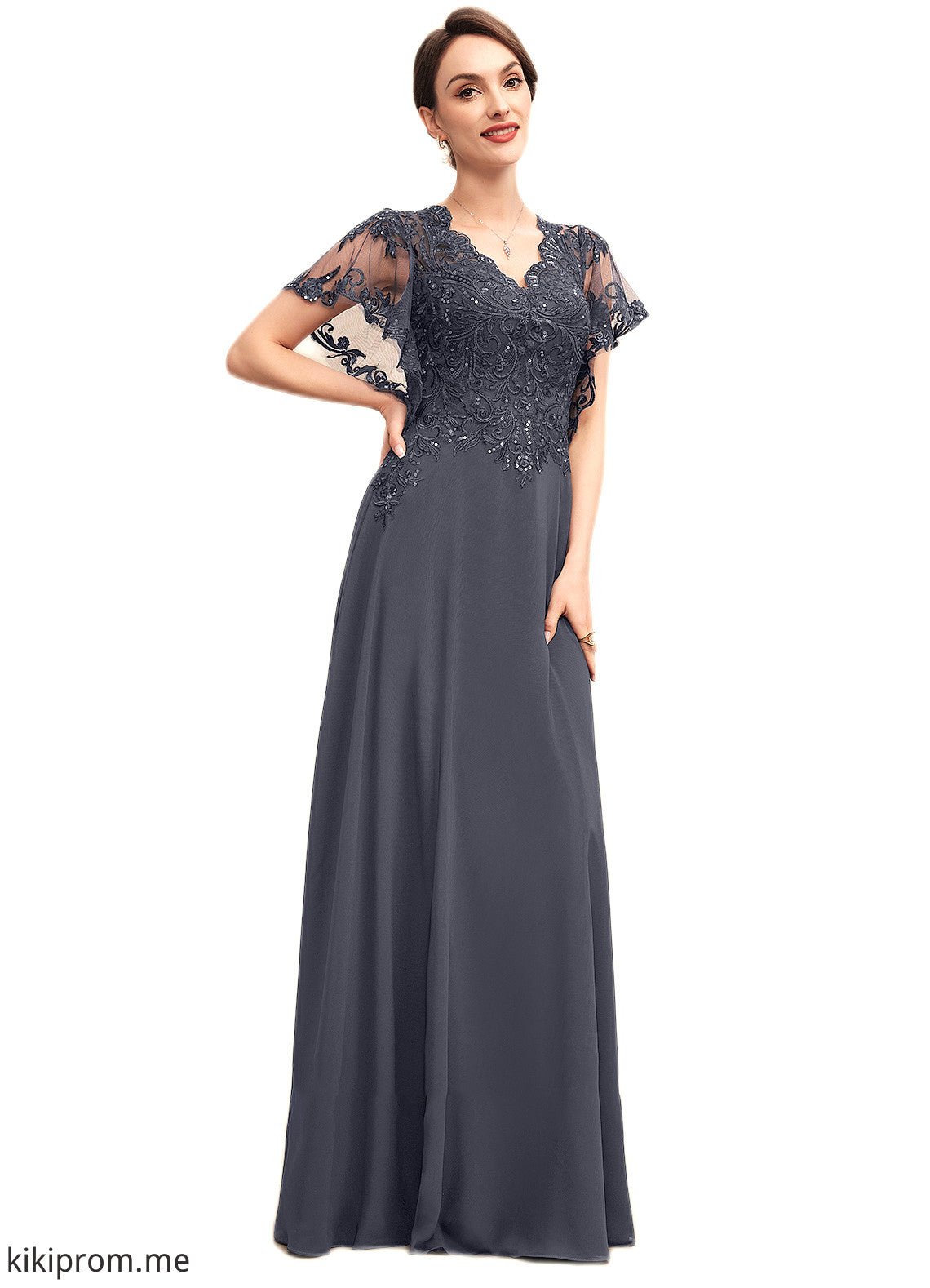 Autumn A-line V-Neck Floor-Length Chiffon Lace Mother of the Bride Dress With Sequins STF126P0014542