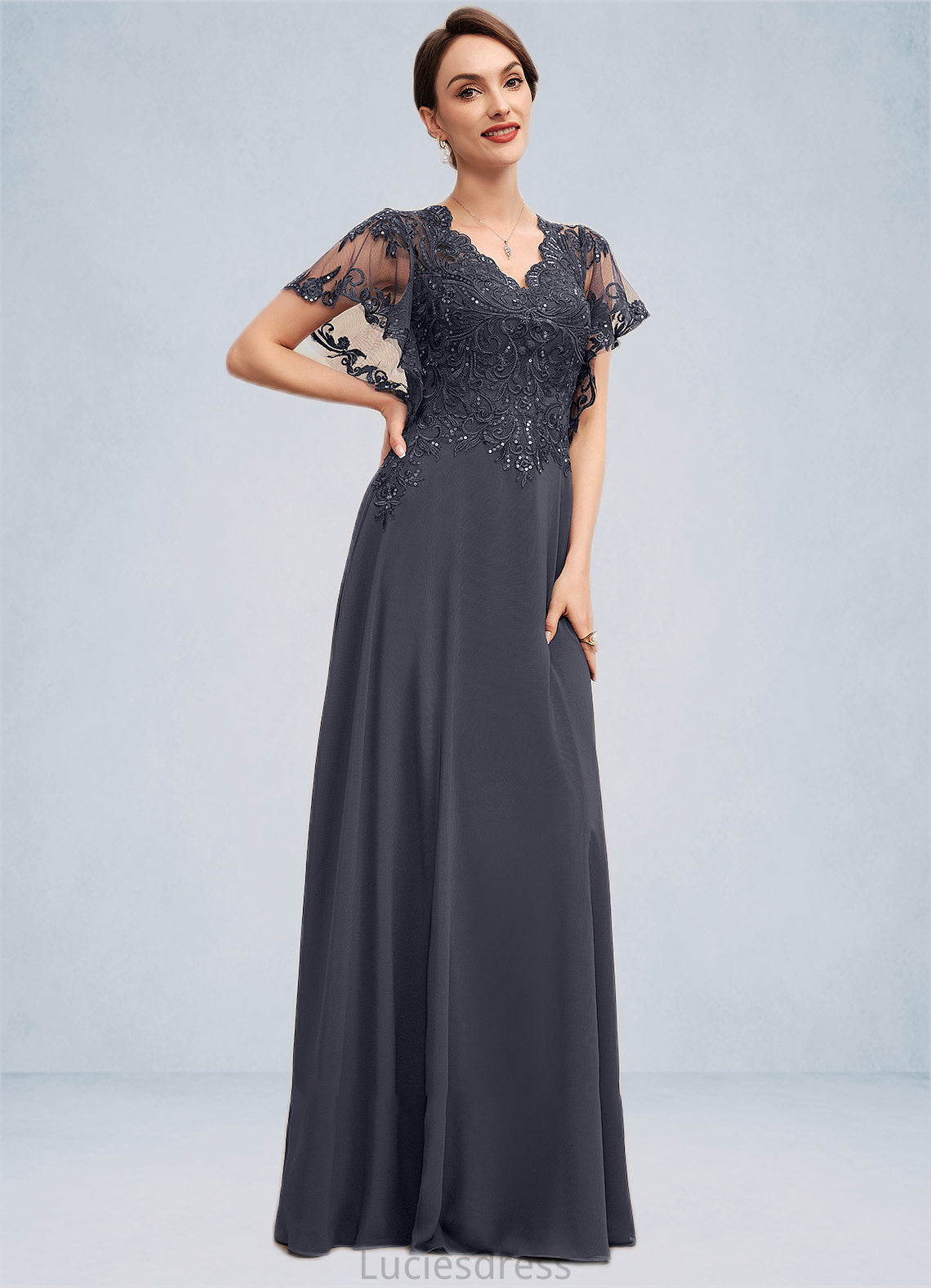 Sylvia A-line V-Neck Floor-Length Chiffon Lace Mother of the Bride Dress With Sequins HF126P0014542