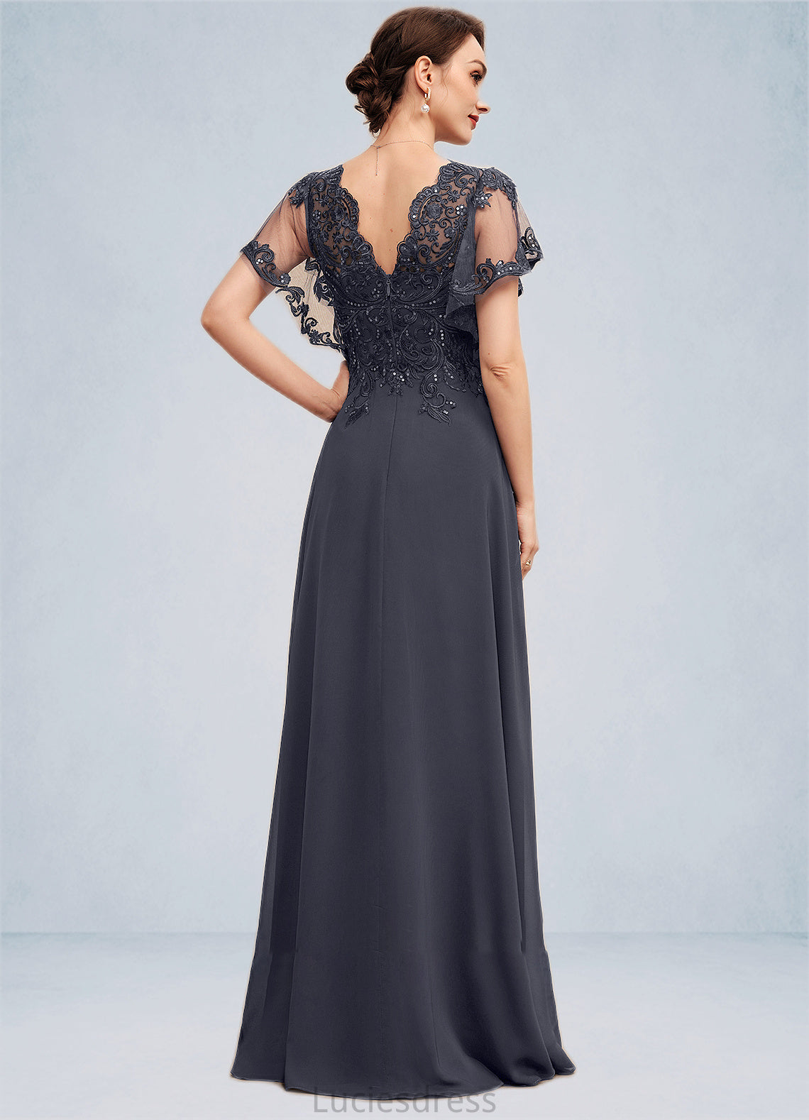 Sylvia A-line V-Neck Floor-Length Chiffon Lace Mother of the Bride Dress With Sequins HF126P0014542