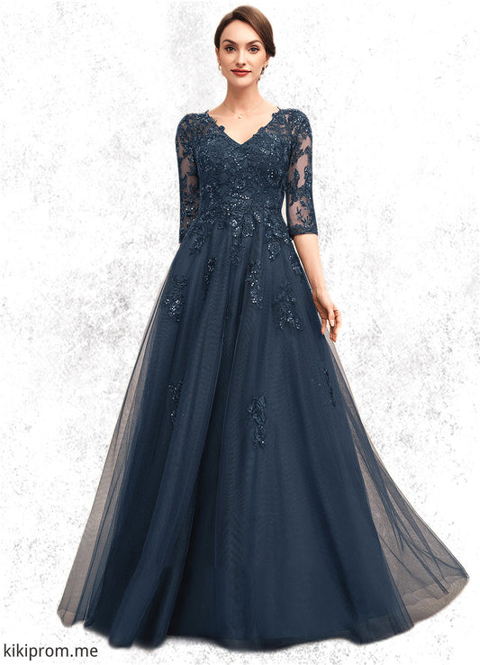 Olga A-Line V-neck Floor-Length Tulle Lace Mother of the Bride Dress With Sequins STF126P0014543