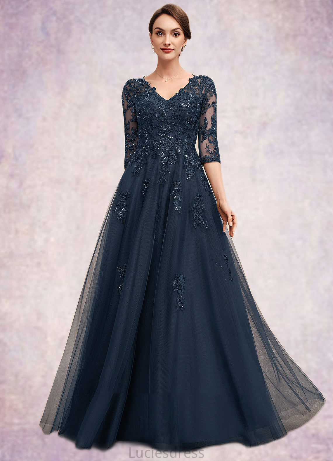 Leanna A-Line V-neck Floor-Length Tulle Lace Mother of the Bride Dress With Sequins HF126P0014543