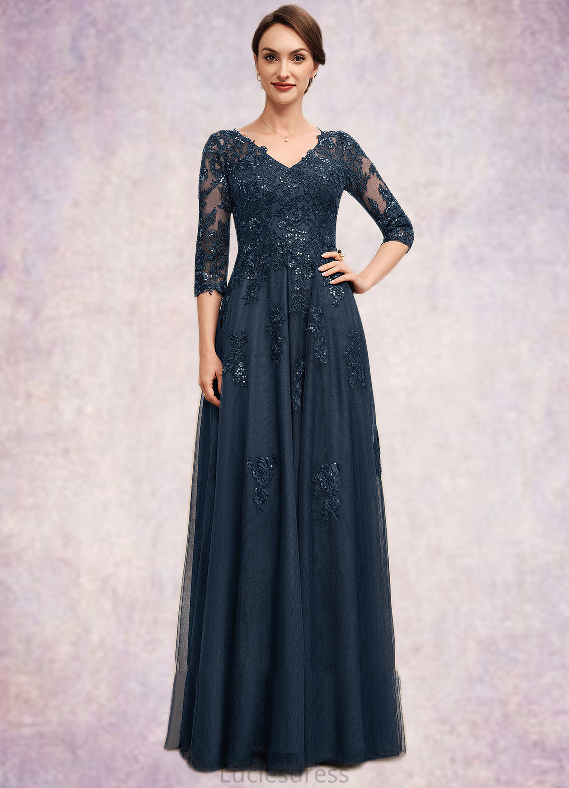 Leanna A-Line V-neck Floor-Length Tulle Lace Mother of the Bride Dress With Sequins HF126P0014543