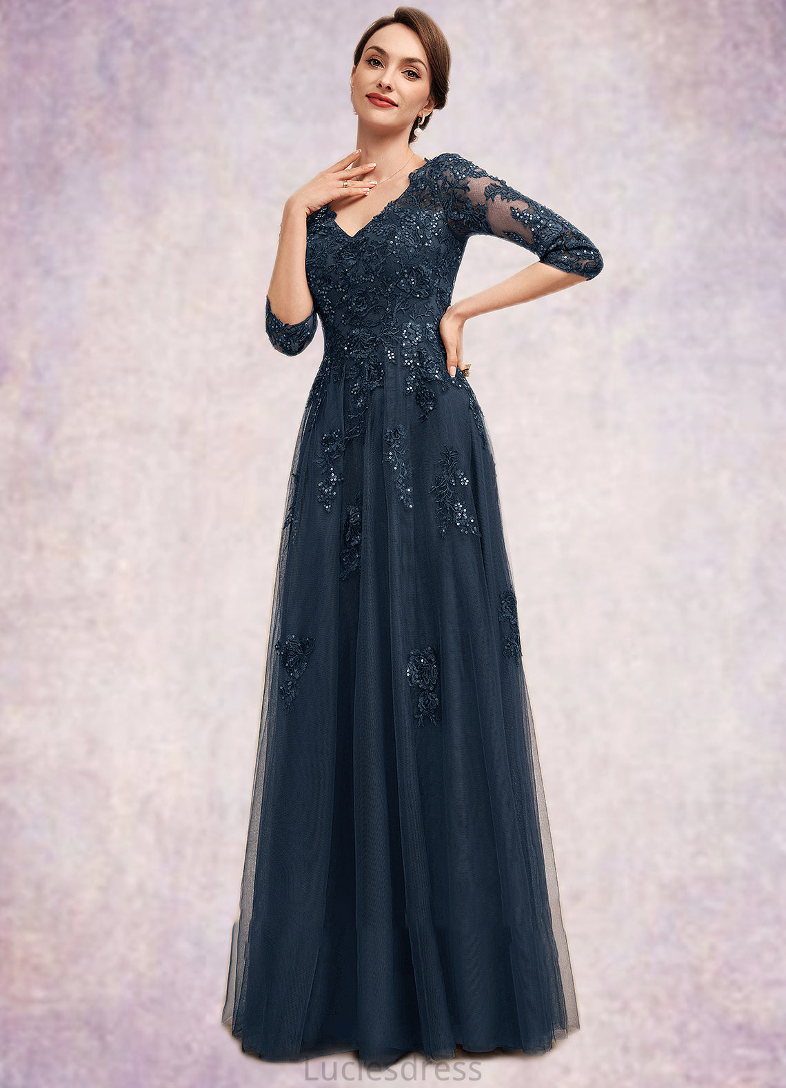 Leanna A-Line V-neck Floor-Length Tulle Lace Mother of the Bride Dress With Sequins HF126P0014543