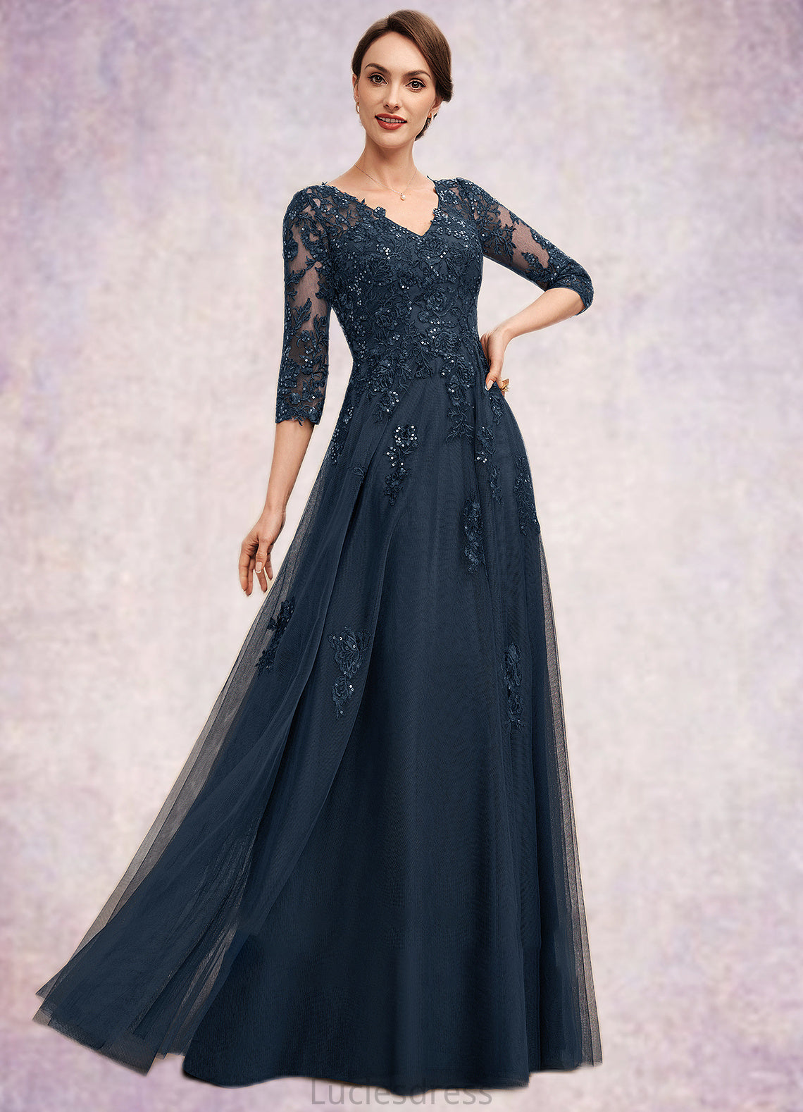 Leanna A-Line V-neck Floor-Length Tulle Lace Mother of the Bride Dress With Sequins HF126P0014543