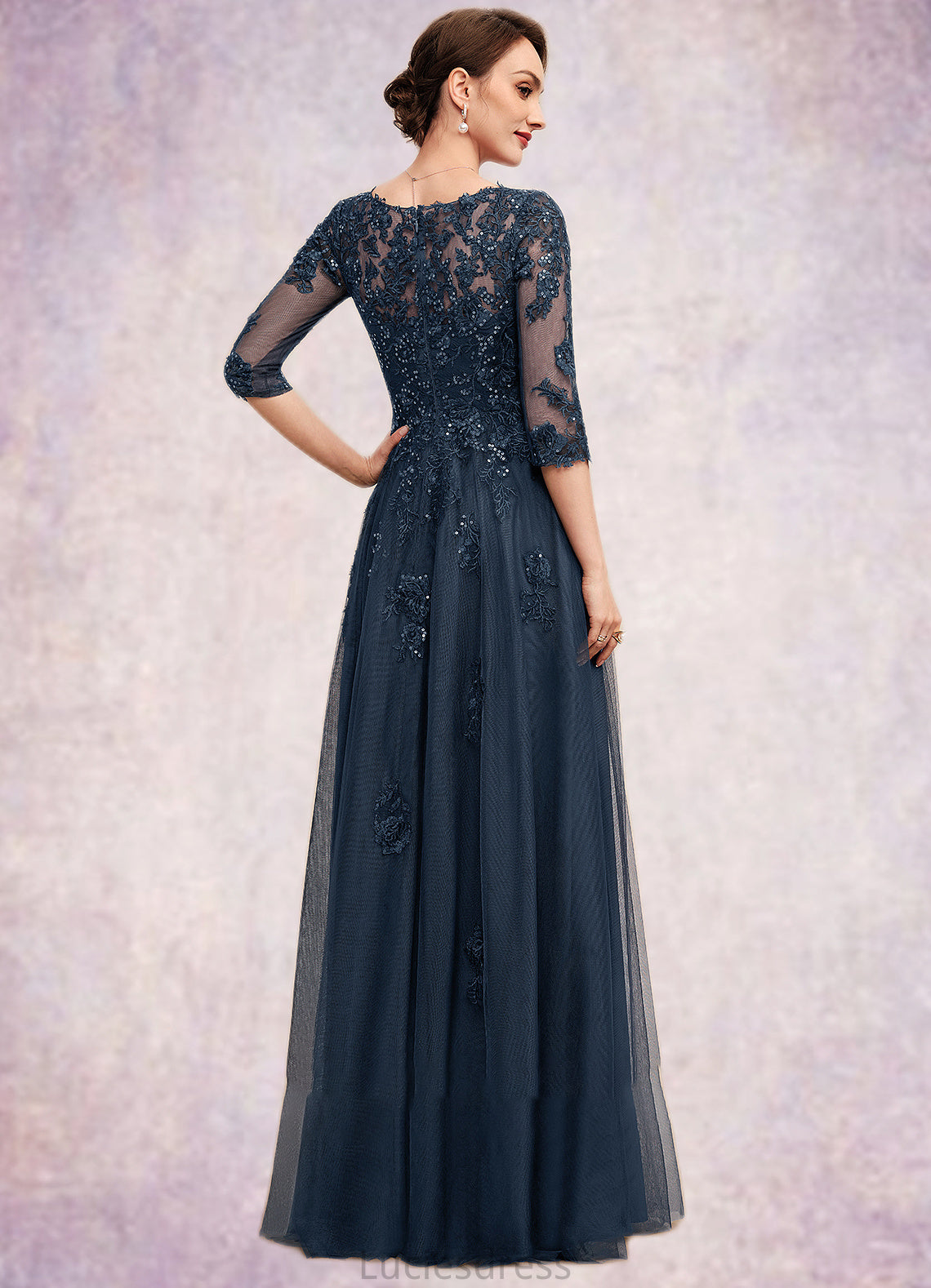 Leanna A-Line V-neck Floor-Length Tulle Lace Mother of the Bride Dress With Sequins HF126P0014543