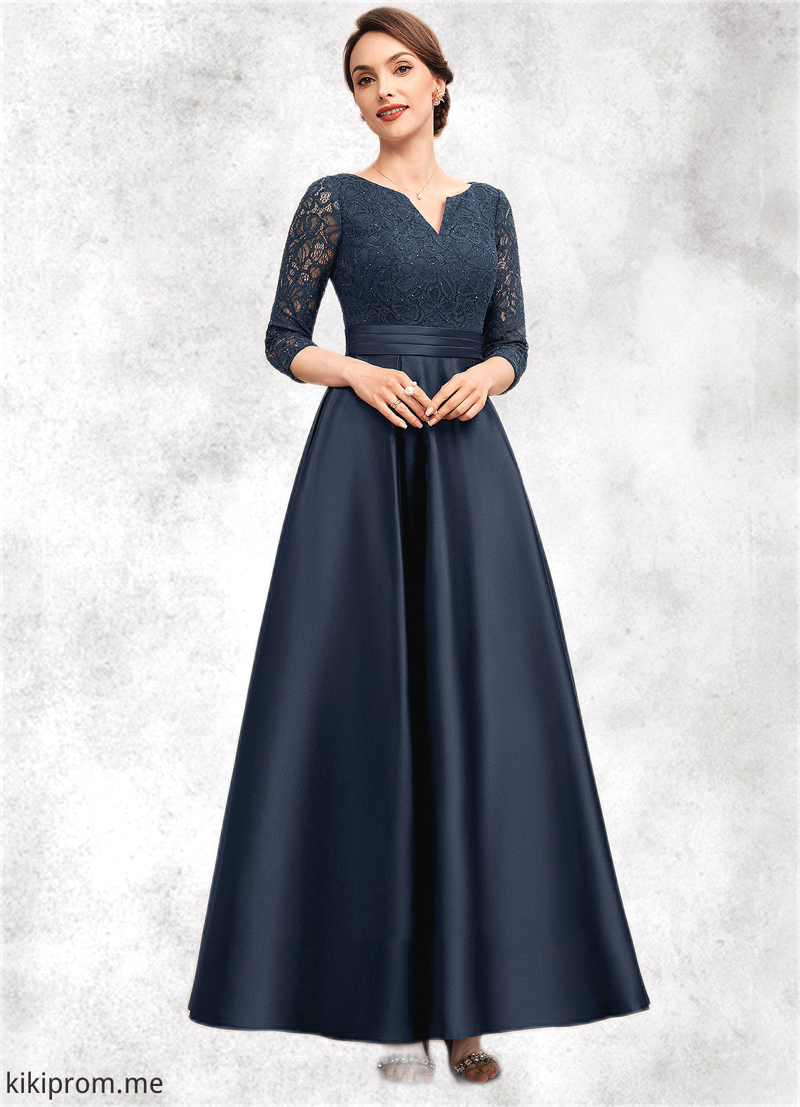 Lindsay A-Line V-neck Ankle-Length Satin Lace Mother of the Bride Dress With Beading STF126P0014545