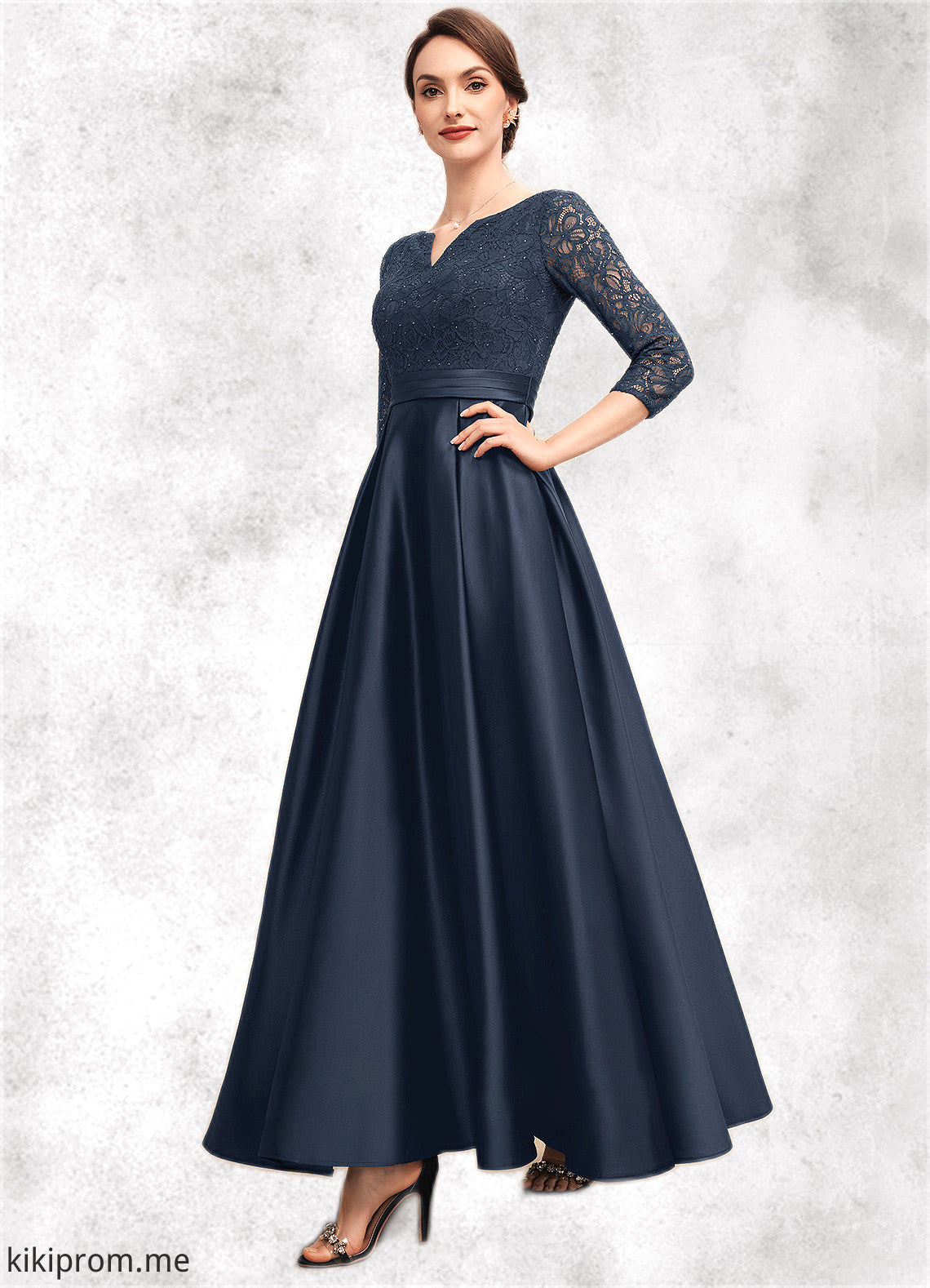 Lindsay A-Line V-neck Ankle-Length Satin Lace Mother of the Bride Dress With Beading STF126P0014545