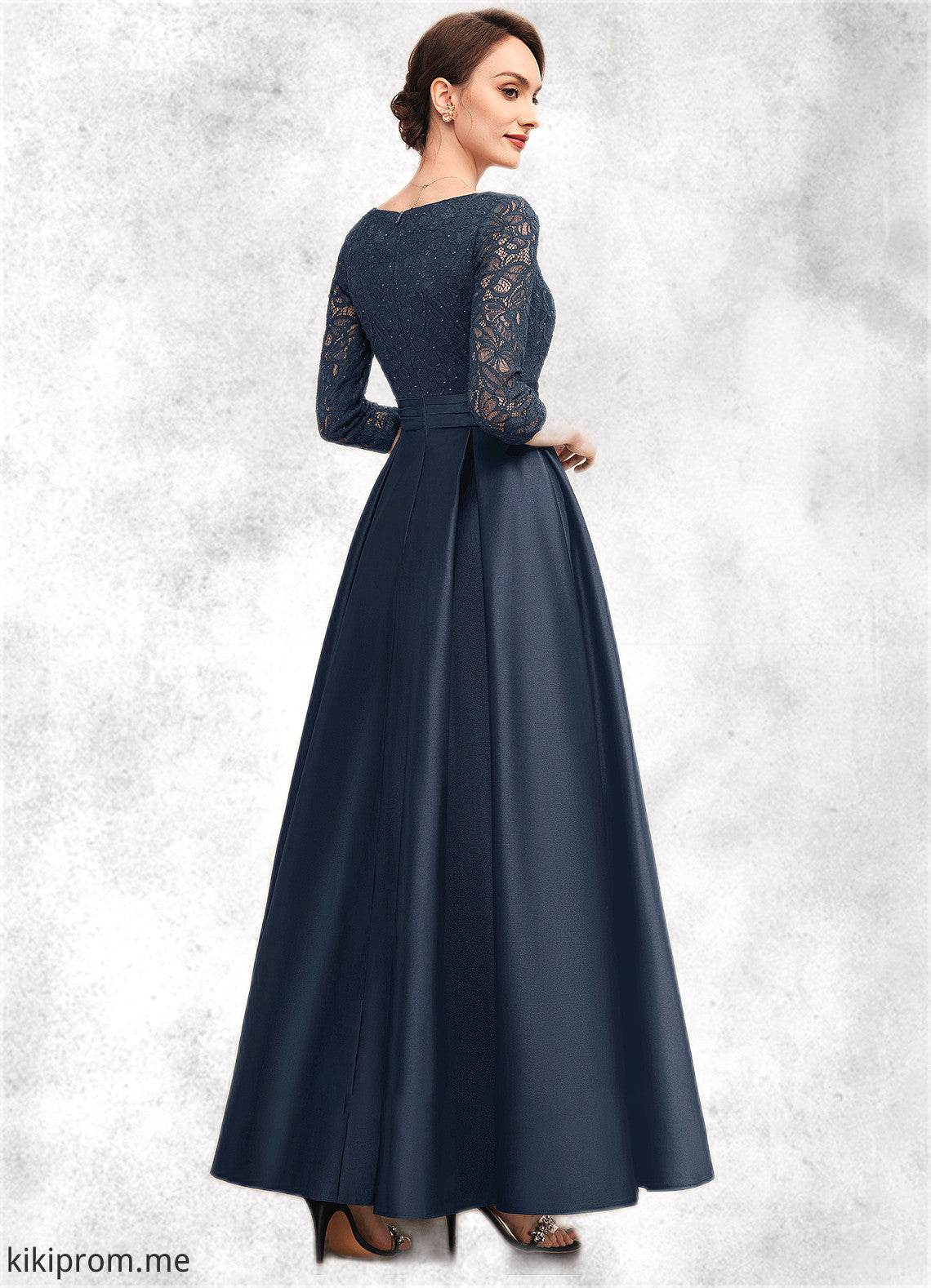 Lindsay A-Line V-neck Ankle-Length Satin Lace Mother of the Bride Dress With Beading STF126P0014545