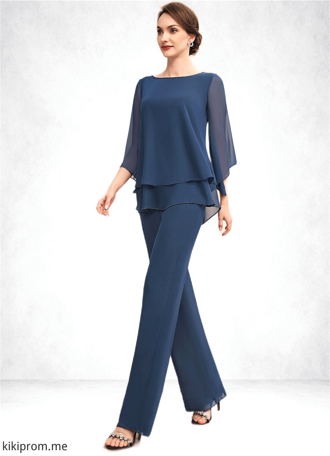 Zoey Jumpsuit/Pantsuit Scoop Neck Floor-Length Chiffon Mother of the Bride Dress With Beading STF126P0014548