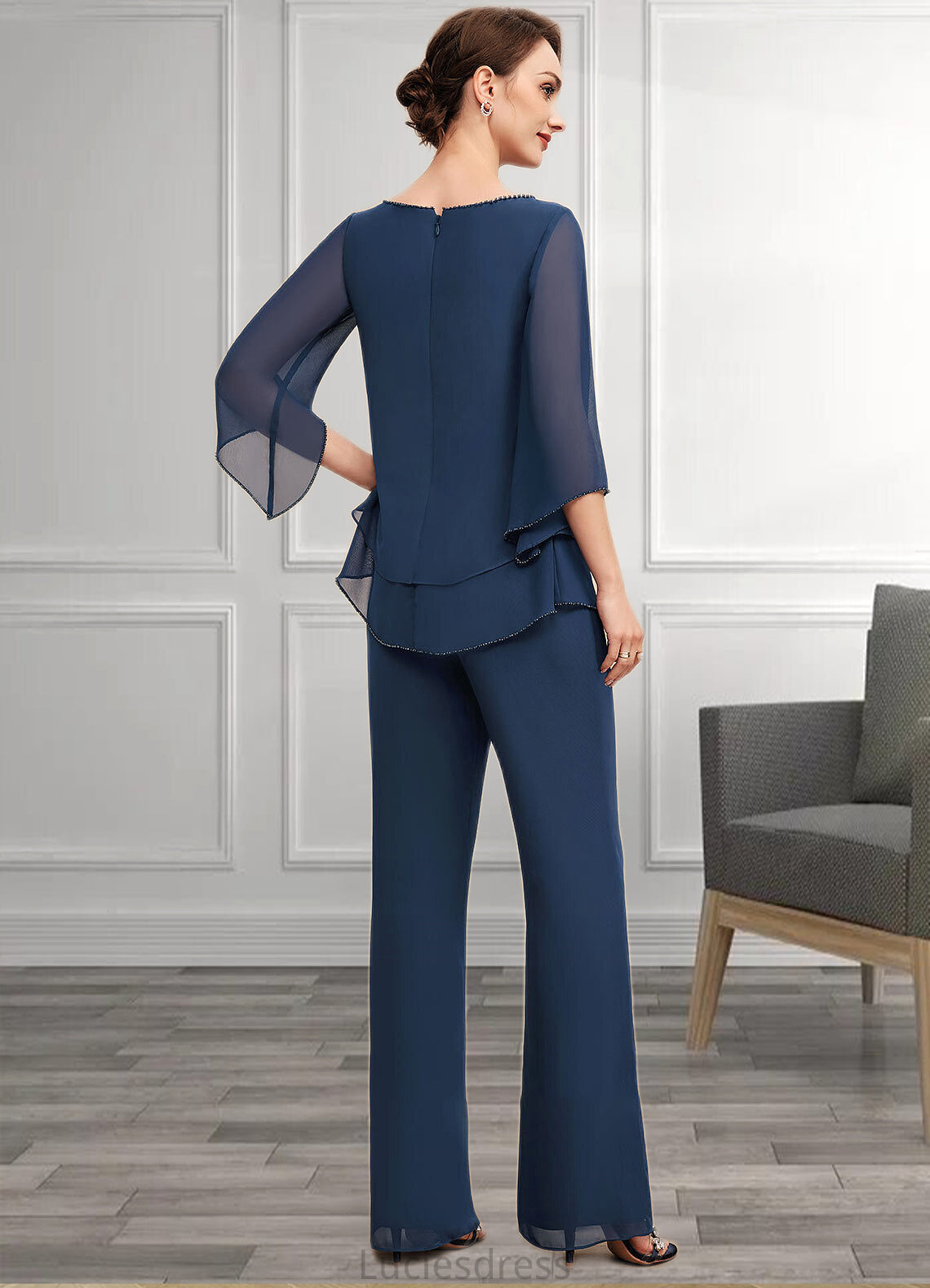 Jade Jumpsuit/Pantsuit Scoop Neck Floor-Length Chiffon Mother of the Bride Dress With Beading HF126P0014548