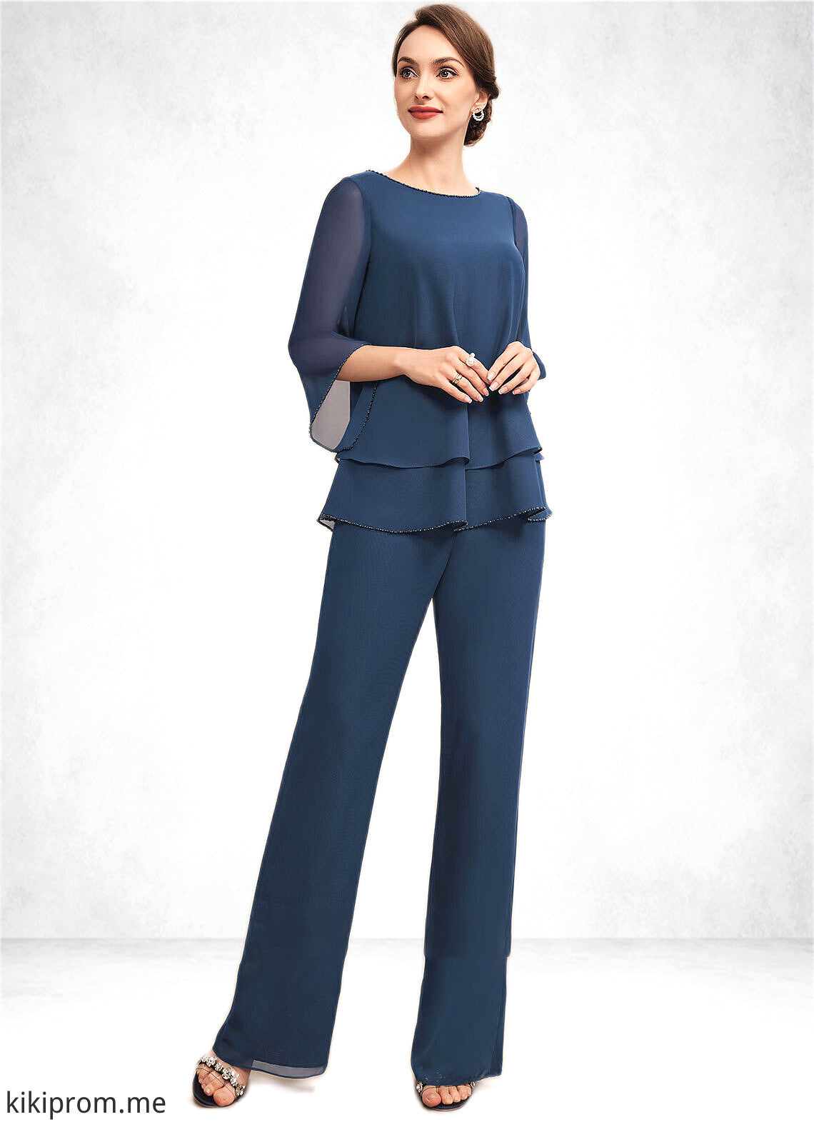 Zoey Jumpsuit/Pantsuit Scoop Neck Floor-Length Chiffon Mother of the Bride Dress With Beading STF126P0014548