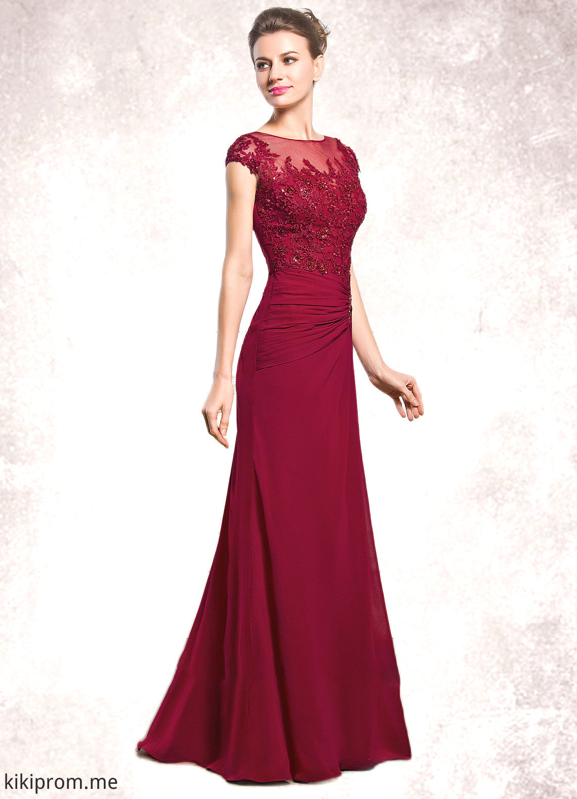 Alexa Sheath/Column Scoop Neck Floor-Length Chiffon Mother of the Bride Dress With Ruffle Beading Appliques Lace Sequins Split Front STF126P0014549