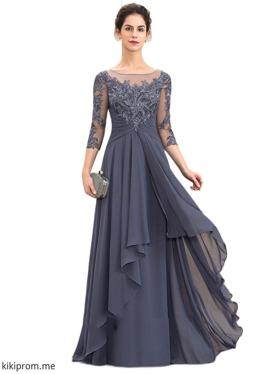 Jaden A-Line Scoop Neck Floor-Length Chiffon Lace Mother of the Bride Dress With Cascading Ruffles STF126P0014550