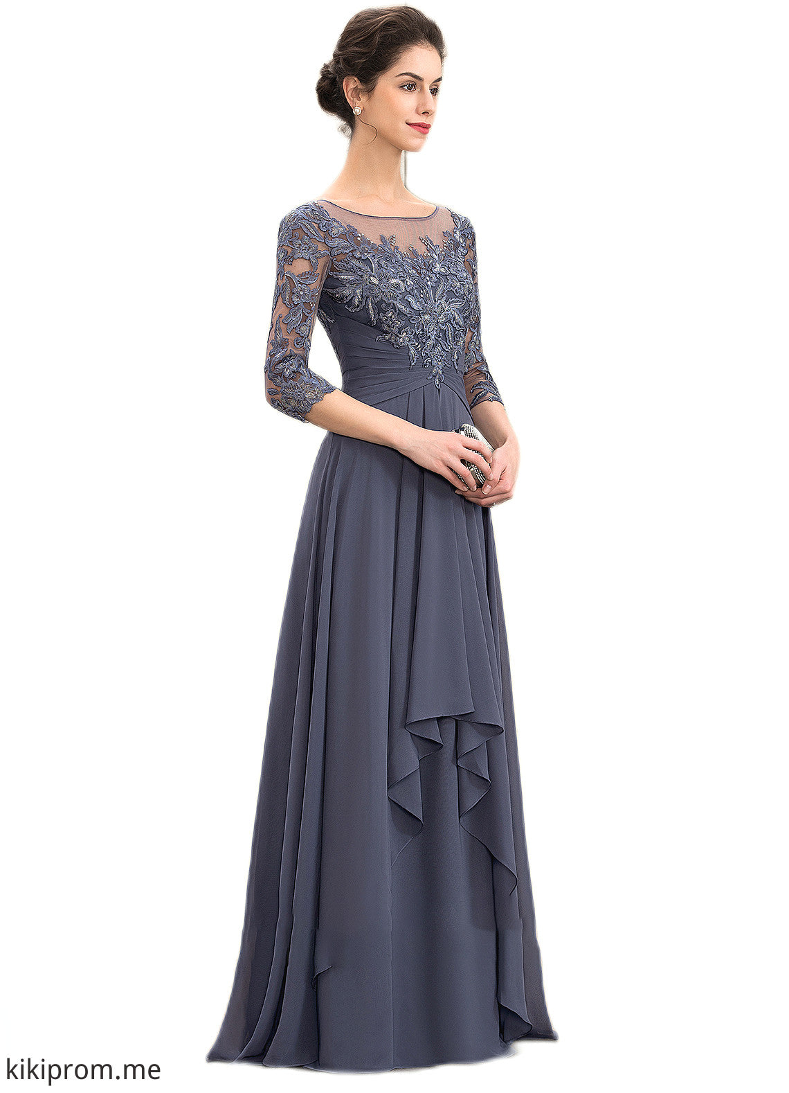 Jaden A-Line Scoop Neck Floor-Length Chiffon Lace Mother of the Bride Dress With Cascading Ruffles STF126P0014550