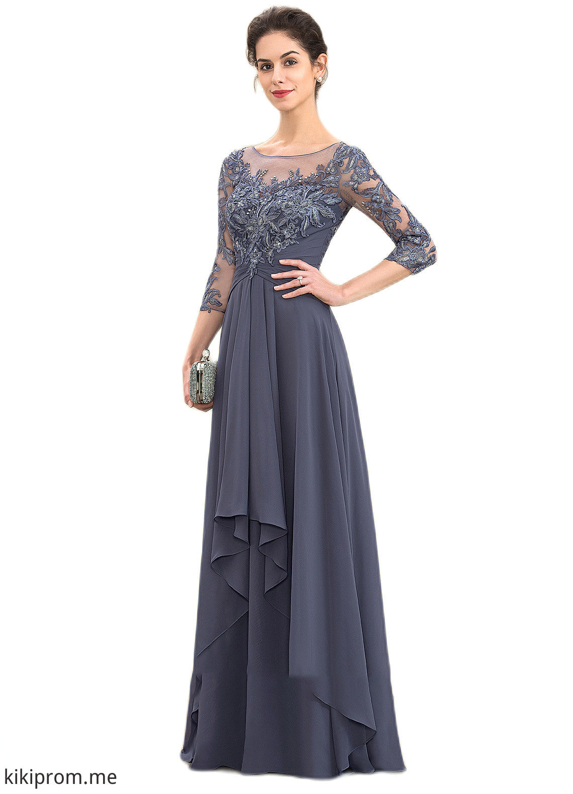 Jaden A-Line Scoop Neck Floor-Length Chiffon Lace Mother of the Bride Dress With Cascading Ruffles STF126P0014550