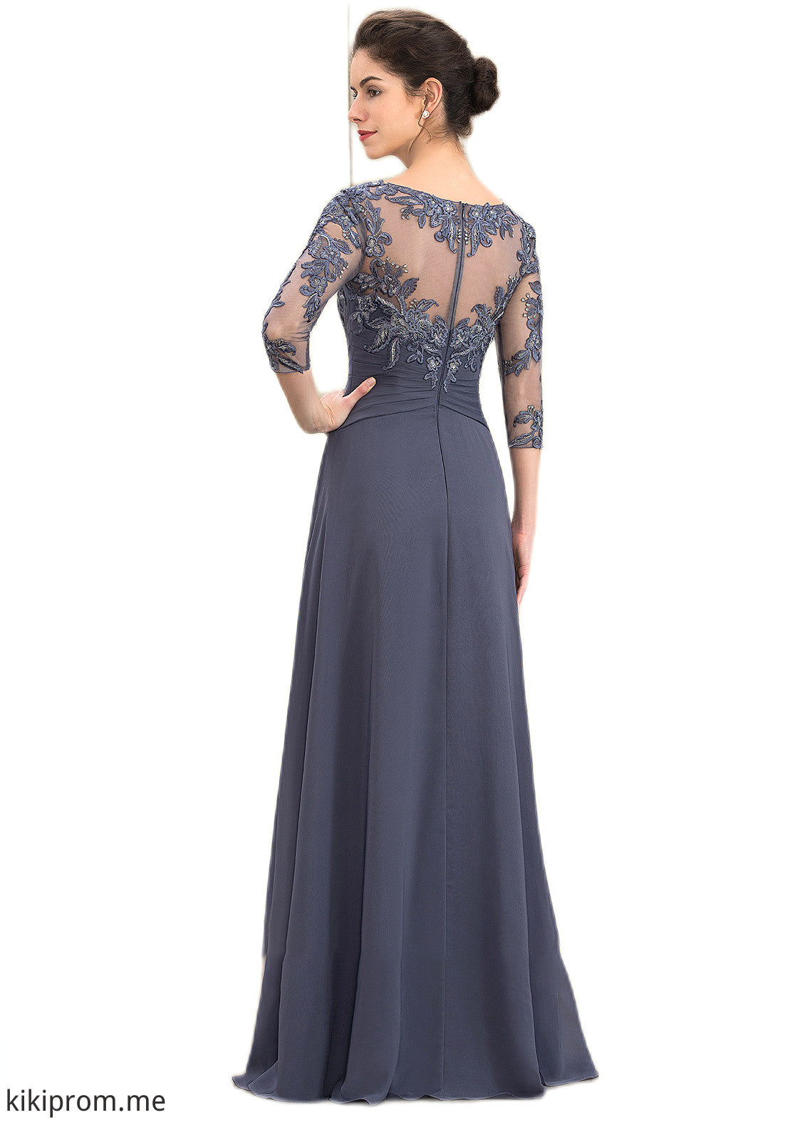 Jaden A-Line Scoop Neck Floor-Length Chiffon Lace Mother of the Bride Dress With Cascading Ruffles STF126P0014550