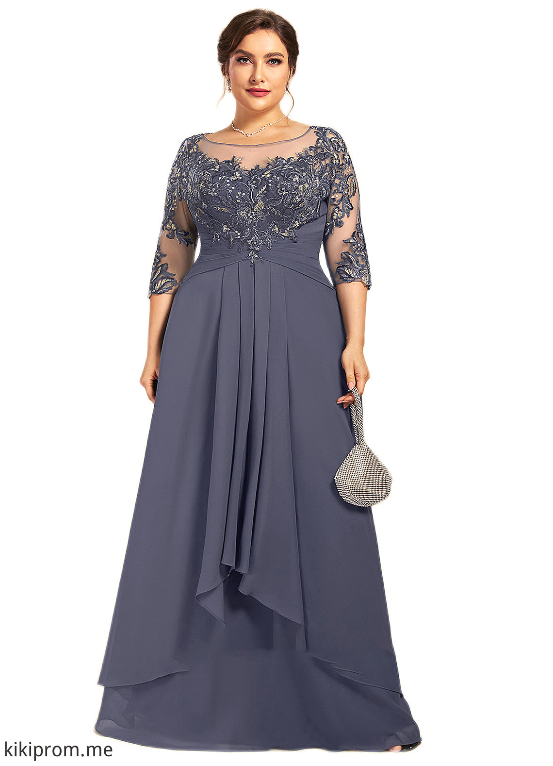 Jaden A-Line Scoop Neck Floor-Length Chiffon Lace Mother of the Bride Dress With Cascading Ruffles STF126P0014550