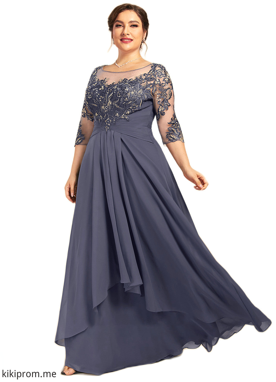 Jaden A-Line Scoop Neck Floor-Length Chiffon Lace Mother of the Bride Dress With Cascading Ruffles STF126P0014550