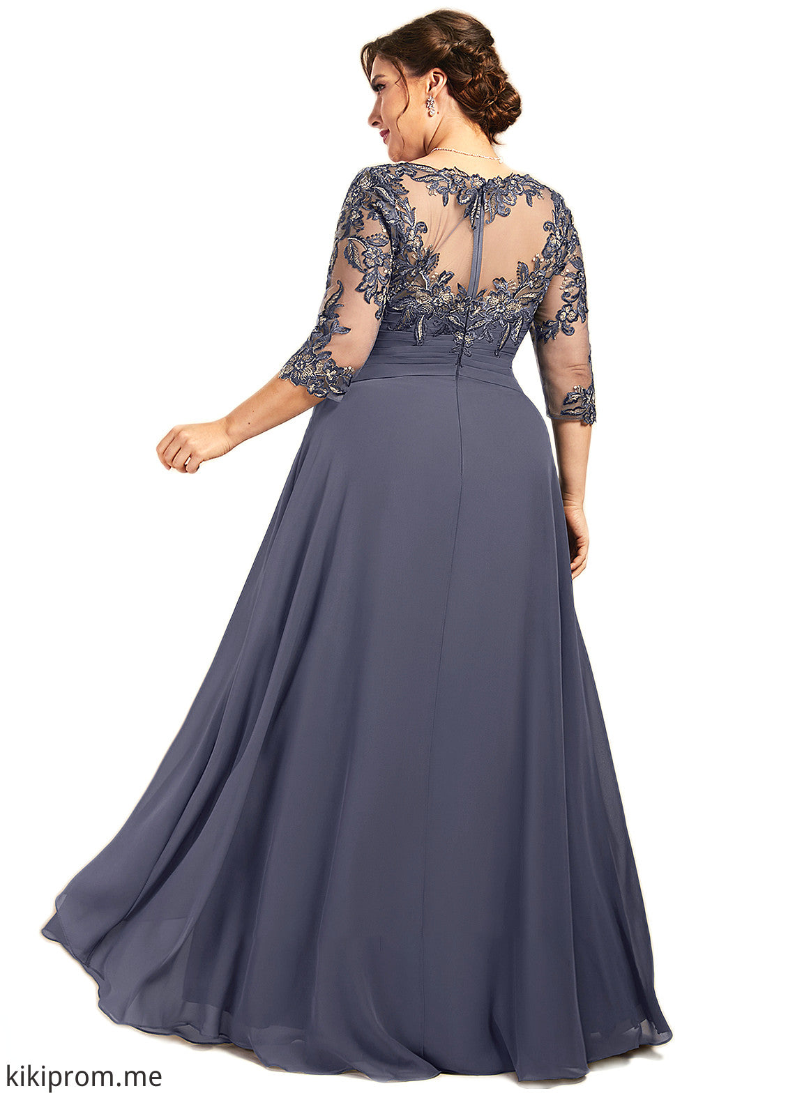 Jaden A-Line Scoop Neck Floor-Length Chiffon Lace Mother of the Bride Dress With Cascading Ruffles STF126P0014550