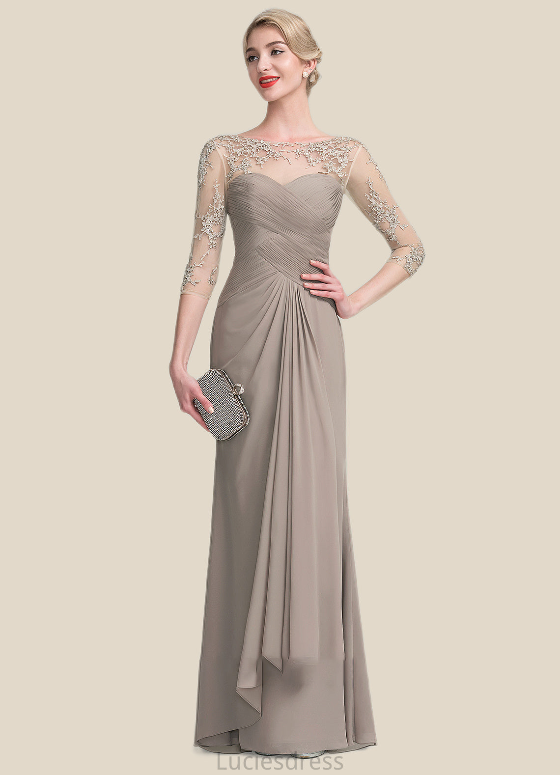 Polly A-Line Scoop Neck Floor-Length Chiffon Lace Mother of the Bride Dress With Beading Sequins Cascading Ruffles HF126P0014551