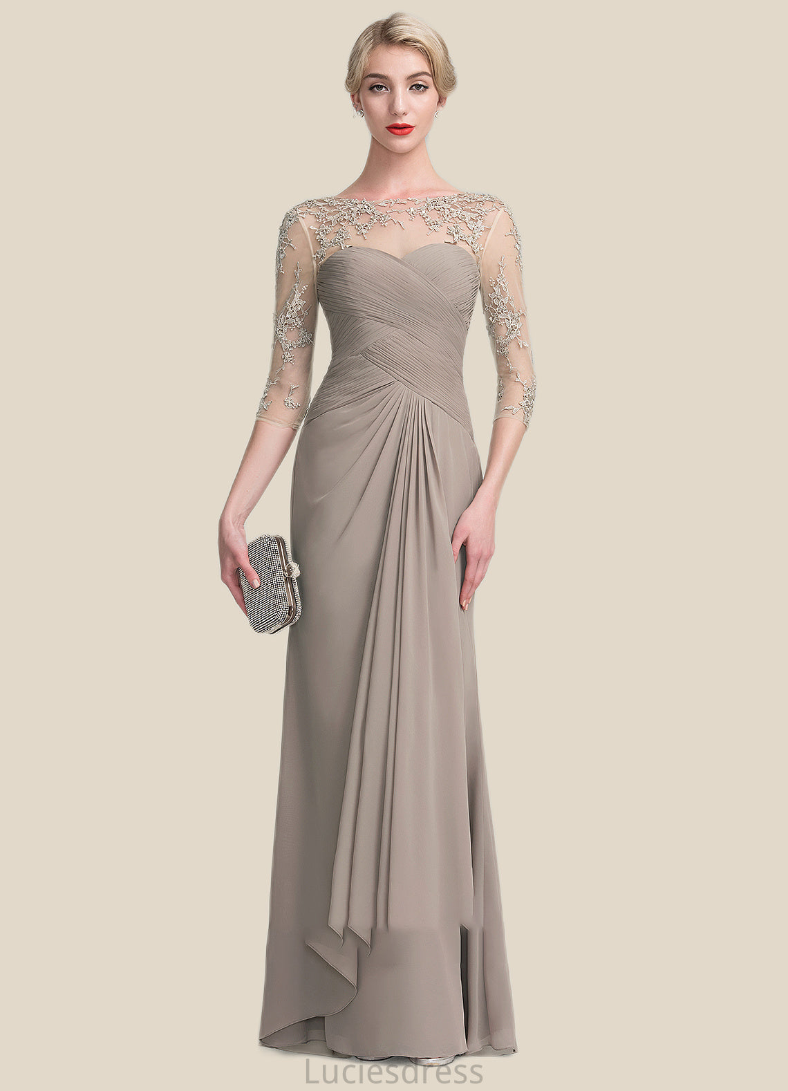 Polly A-Line Scoop Neck Floor-Length Chiffon Lace Mother of the Bride Dress With Beading Sequins Cascading Ruffles HF126P0014551