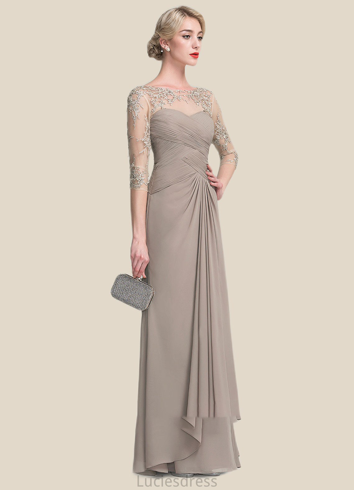 Polly A-Line Scoop Neck Floor-Length Chiffon Lace Mother of the Bride Dress With Beading Sequins Cascading Ruffles HF126P0014551