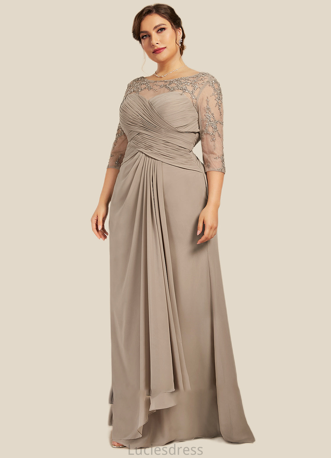 Polly A-Line Scoop Neck Floor-Length Chiffon Lace Mother of the Bride Dress With Beading Sequins Cascading Ruffles HF126P0014551