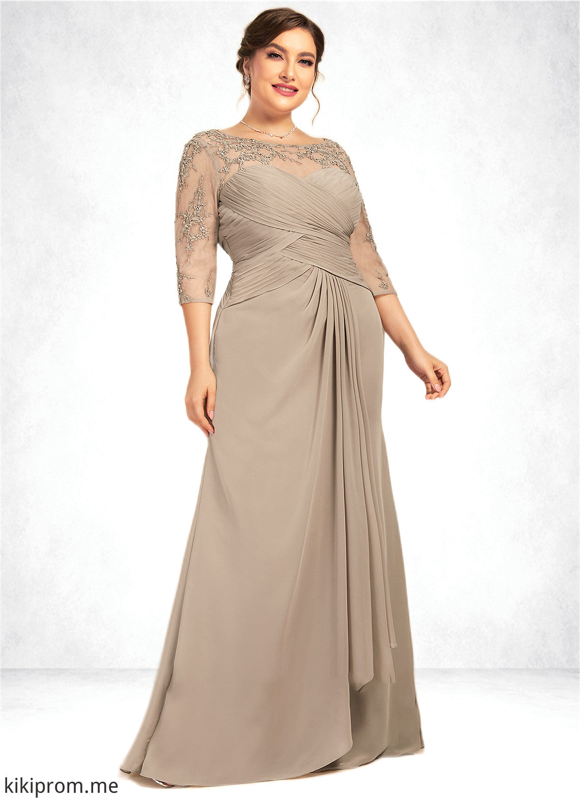 Rylee A-Line Scoop Neck Floor-Length Chiffon Lace Mother of the Bride Dress With Beading Sequins Cascading Ruffles STF126P0014551