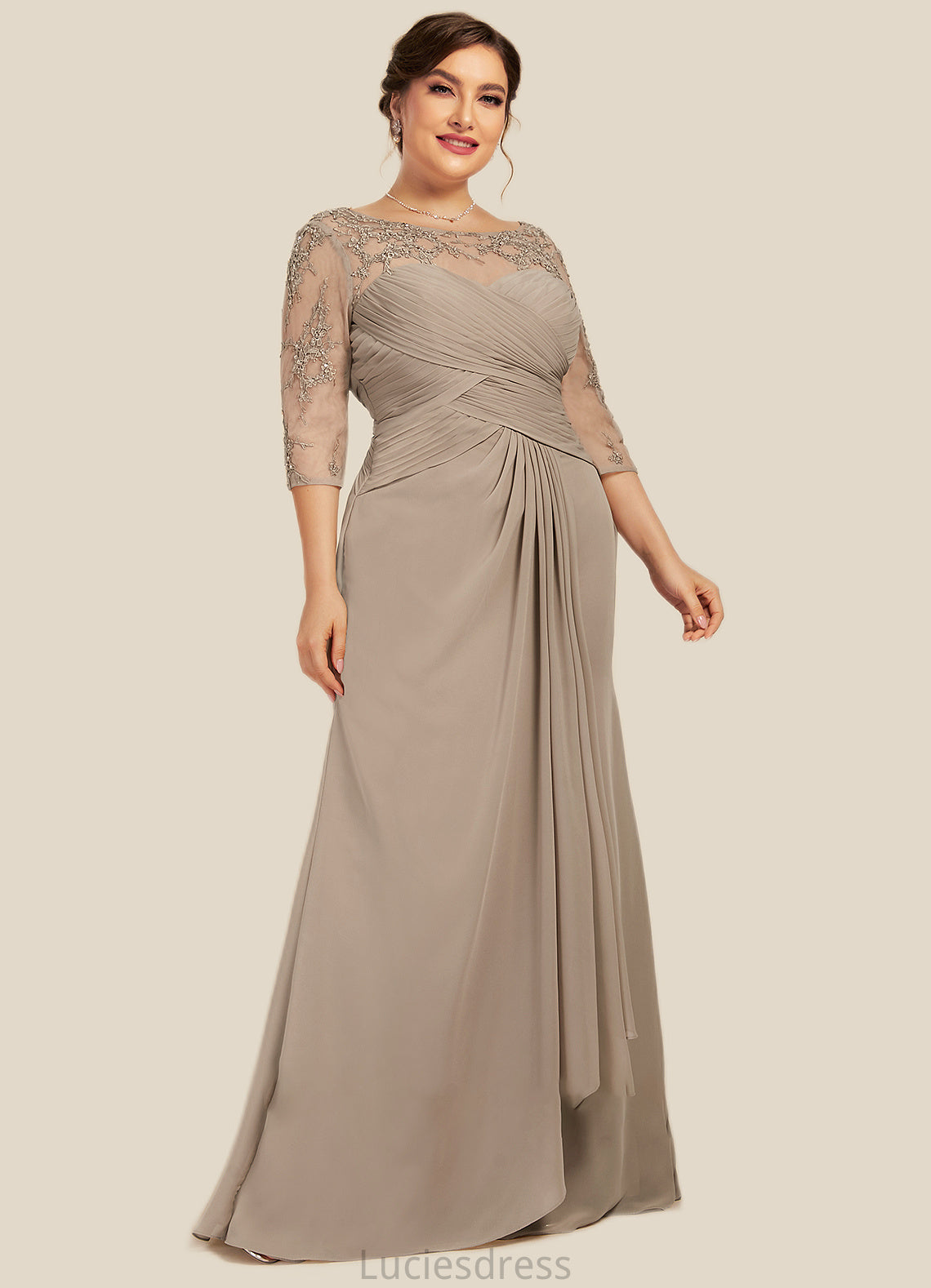 Polly A-Line Scoop Neck Floor-Length Chiffon Lace Mother of the Bride Dress With Beading Sequins Cascading Ruffles HF126P0014551