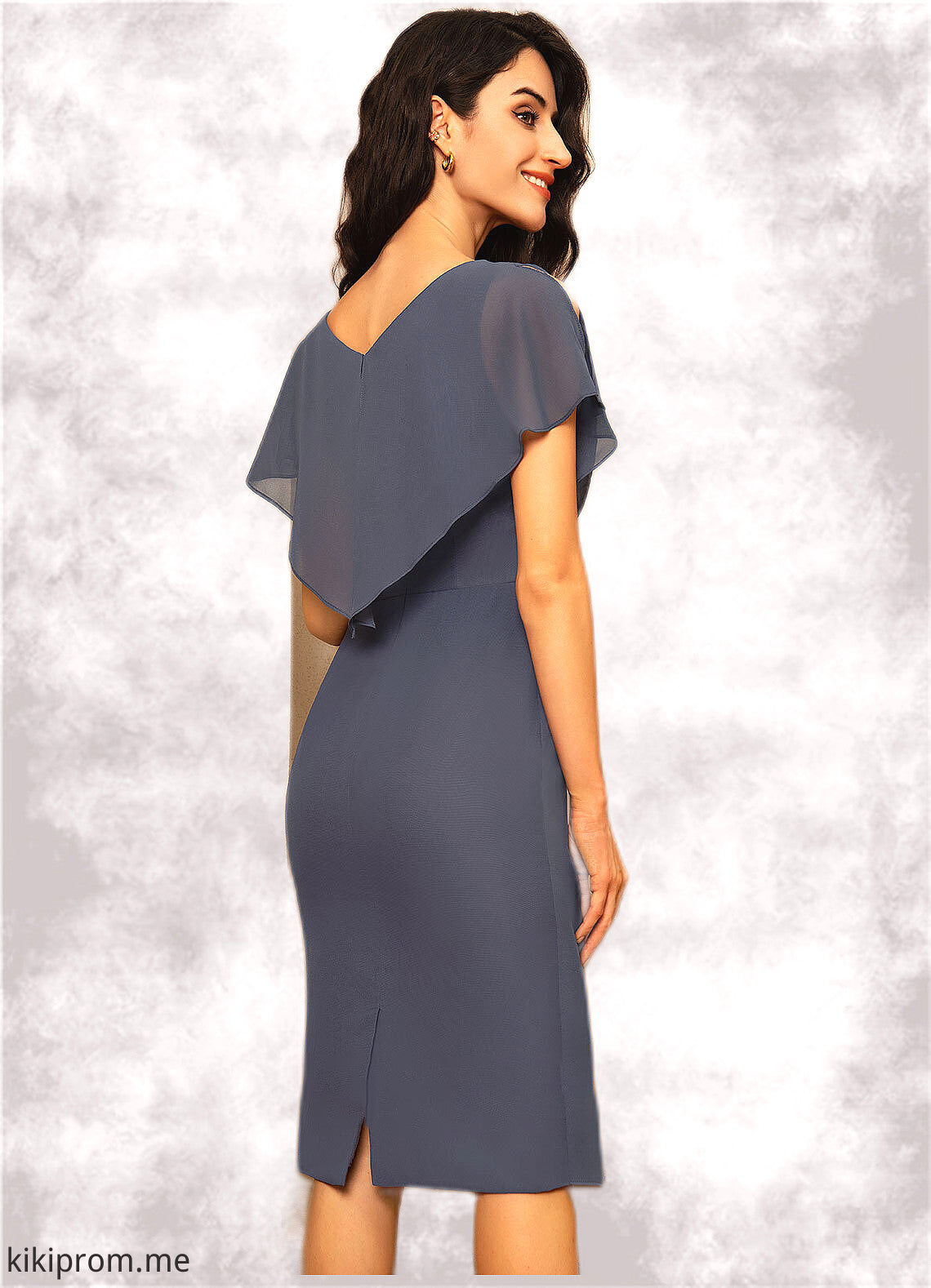 Alyson Sheath/Column V-neck Knee-Length Chiffon Mother of the Bride Dress With Ruffle STF126P0014552