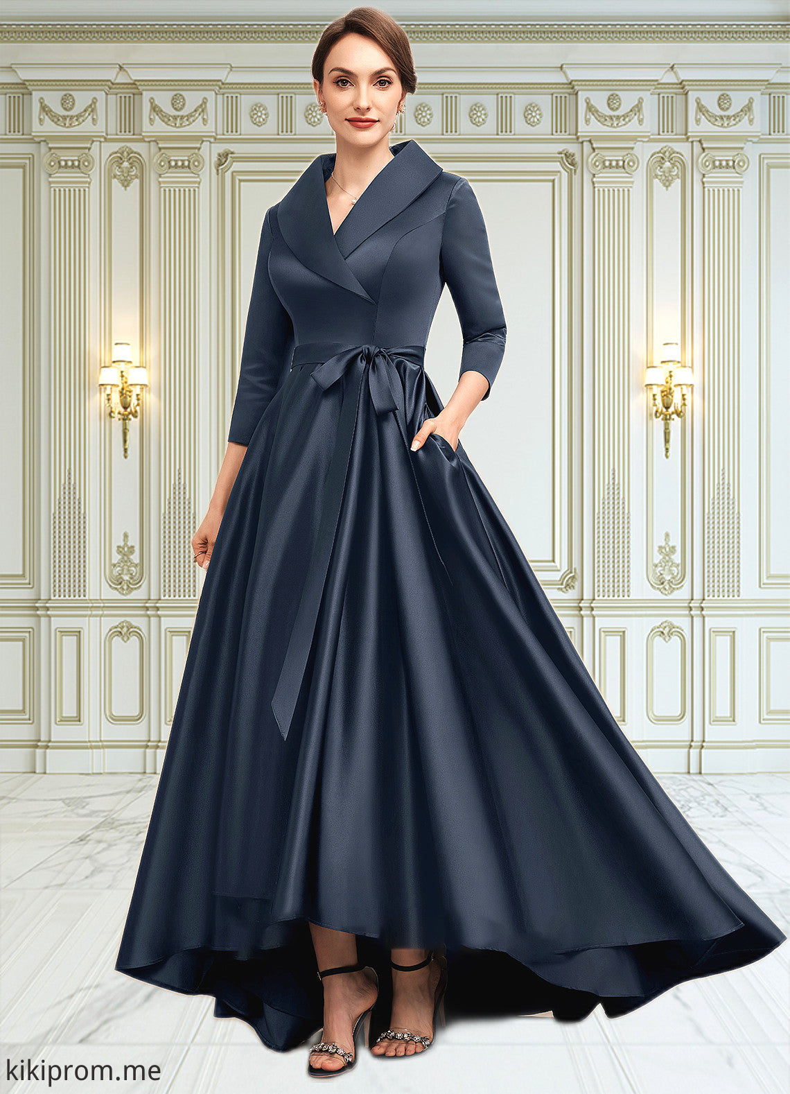 Elisabeth A-Line V-neck Asymmetrical Satin Mother of the Bride Dress With Bow(s) Pockets STF126P0014553