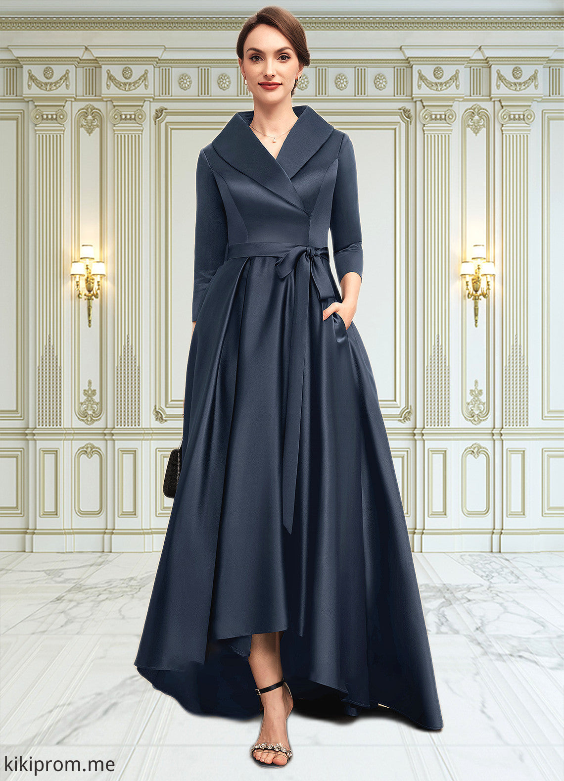 Elisabeth A-Line V-neck Asymmetrical Satin Mother of the Bride Dress With Bow(s) Pockets STF126P0014553