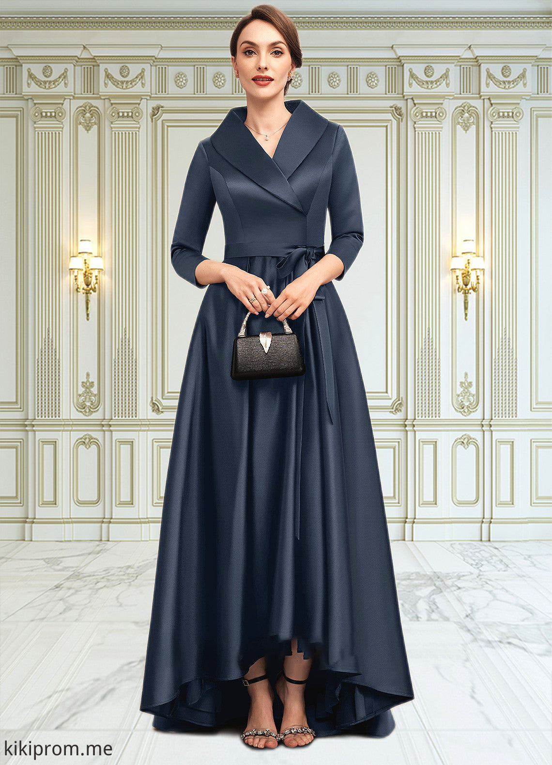 Elisabeth A-Line V-neck Asymmetrical Satin Mother of the Bride Dress With Bow(s) Pockets STF126P0014553