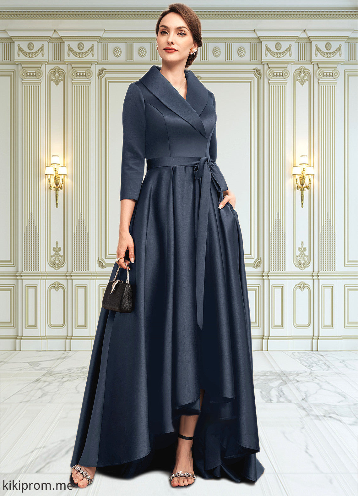 Elisabeth A-Line V-neck Asymmetrical Satin Mother of the Bride Dress With Bow(s) Pockets STF126P0014553