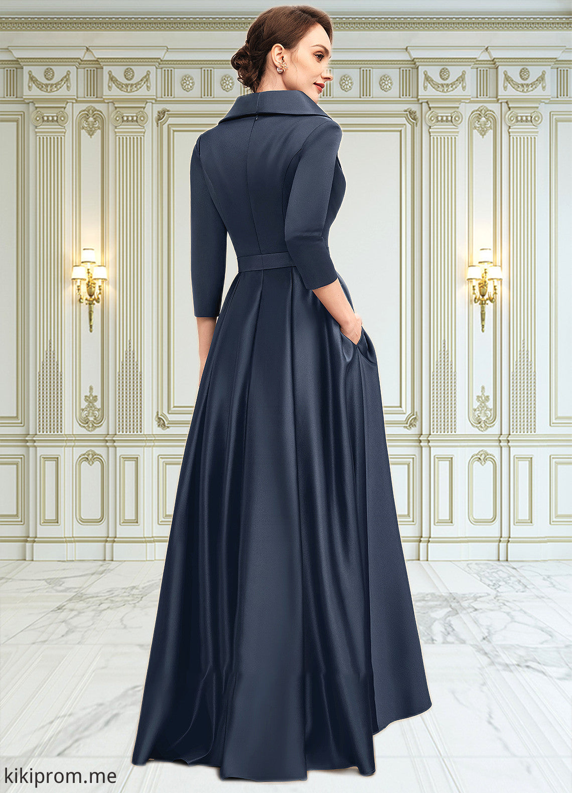 Elisabeth A-Line V-neck Asymmetrical Satin Mother of the Bride Dress With Bow(s) Pockets STF126P0014553