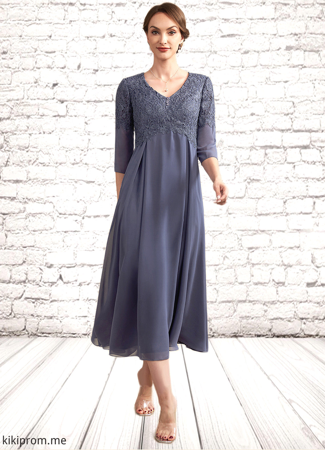 Martina A-line V-Neck Tea-Length Chiffon Lace Mother of the Bride Dress With Beading STF126P0014554