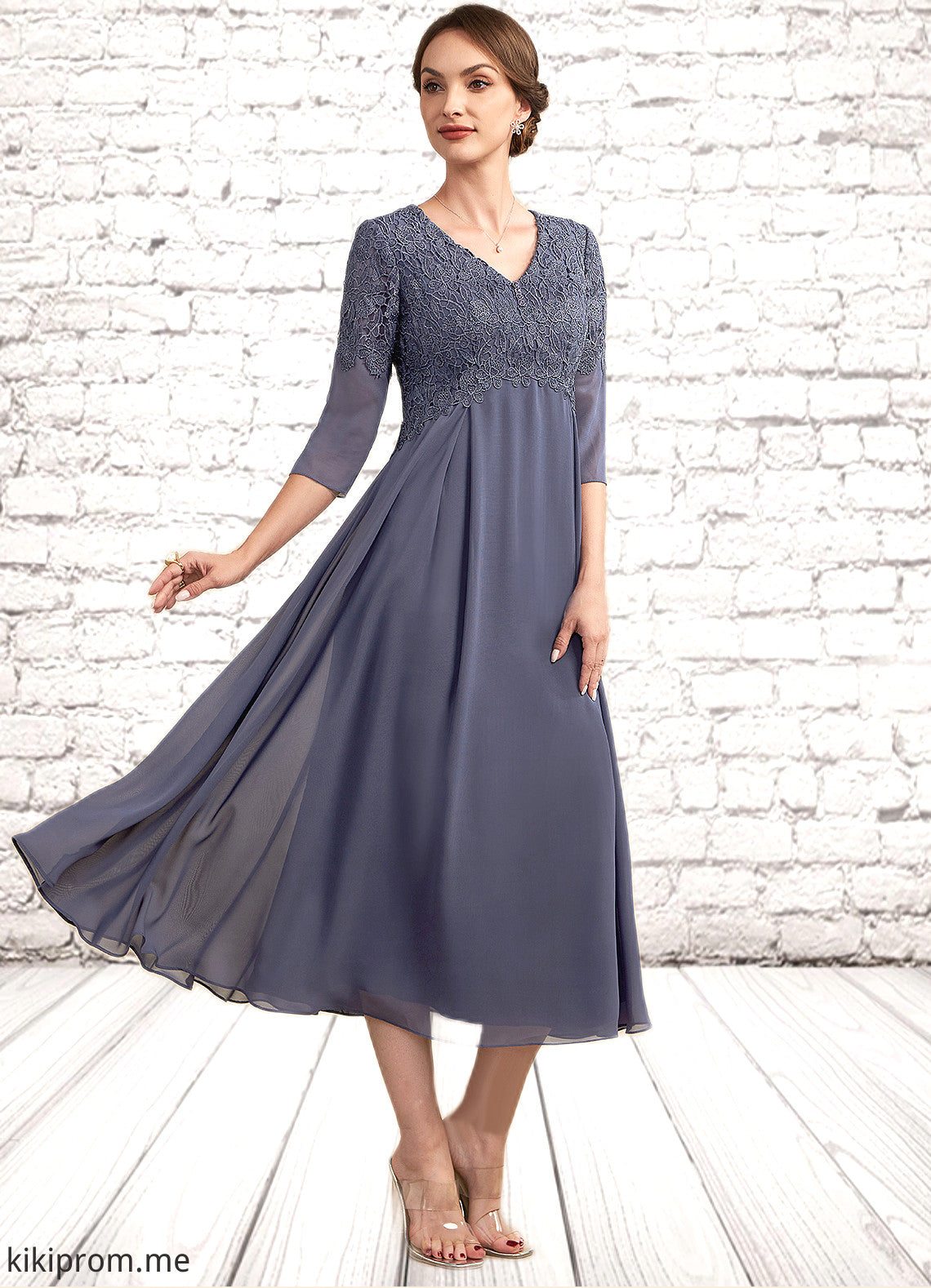 Martina A-line V-Neck Tea-Length Chiffon Lace Mother of the Bride Dress With Beading STF126P0014554