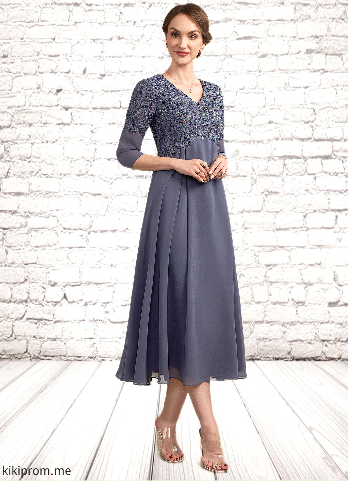 Martina A-line V-Neck Tea-Length Chiffon Lace Mother of the Bride Dress With Beading STF126P0014554