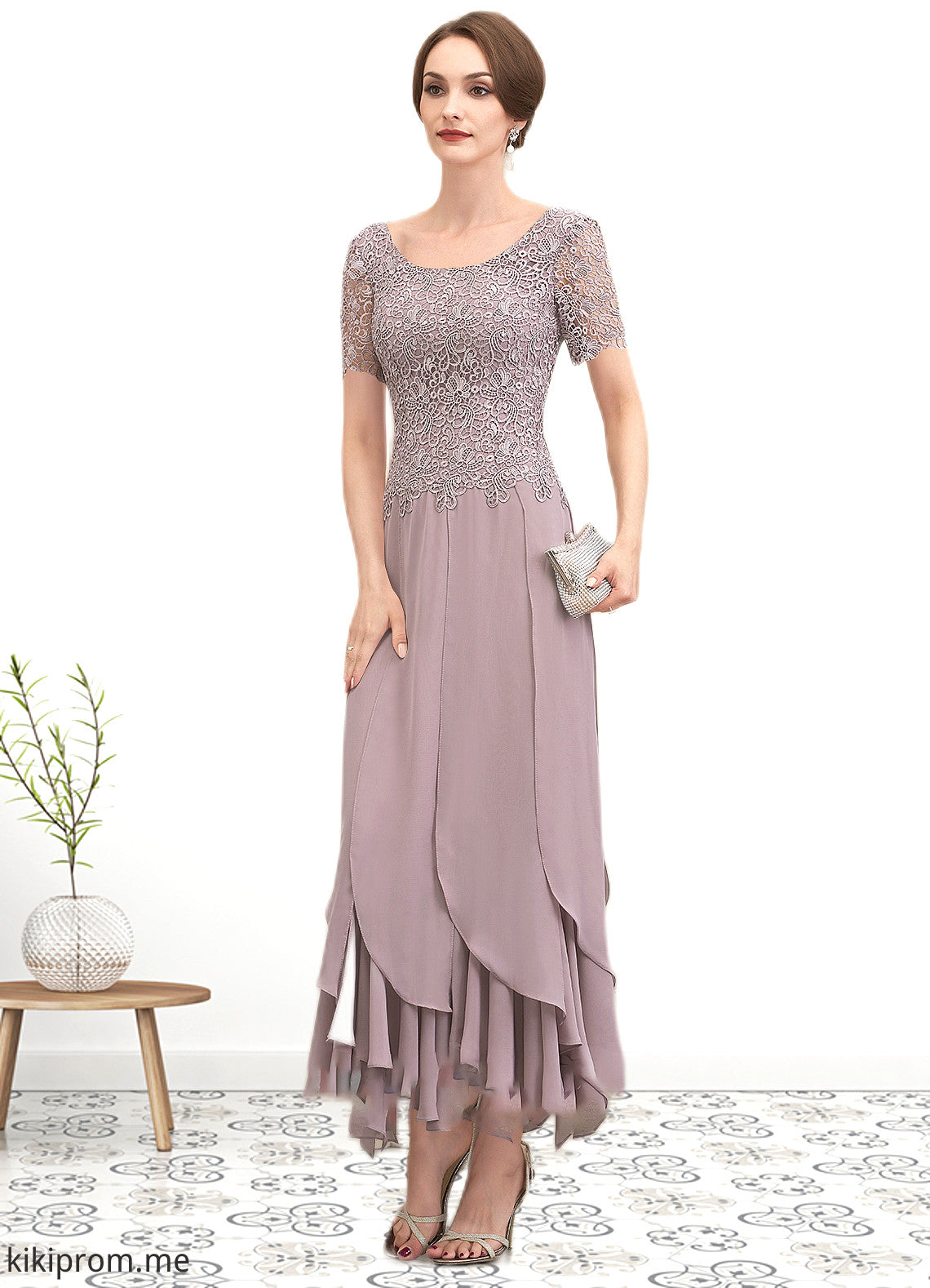 Jazlynn A-Line Scoop Neck Ankle-Length Chiffon Lace Mother of the Bride Dress With Cascading Ruffles STF126P0014555