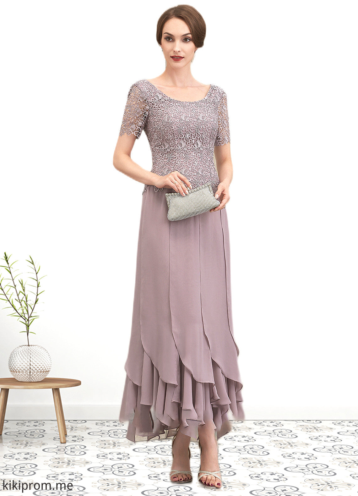 Jazlynn A-Line Scoop Neck Ankle-Length Chiffon Lace Mother of the Bride Dress With Cascading Ruffles STF126P0014555