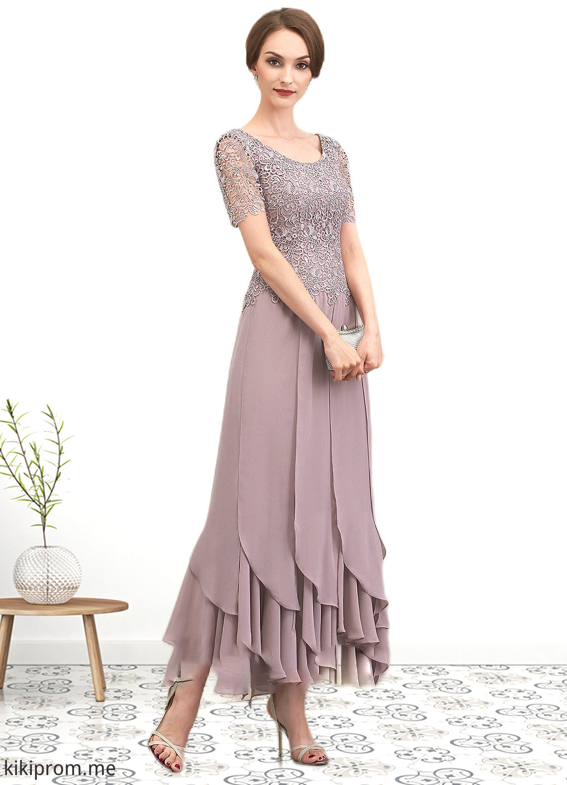 Jazlynn A-Line Scoop Neck Ankle-Length Chiffon Lace Mother of the Bride Dress With Cascading Ruffles STF126P0014555