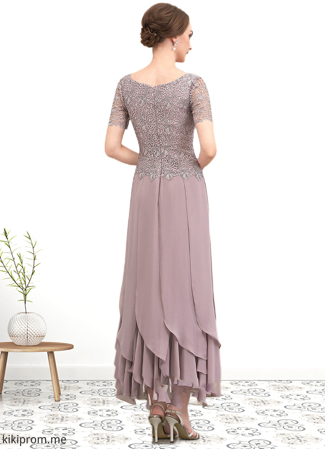 Jazlynn A-Line Scoop Neck Ankle-Length Chiffon Lace Mother of the Bride Dress With Cascading Ruffles STF126P0014555