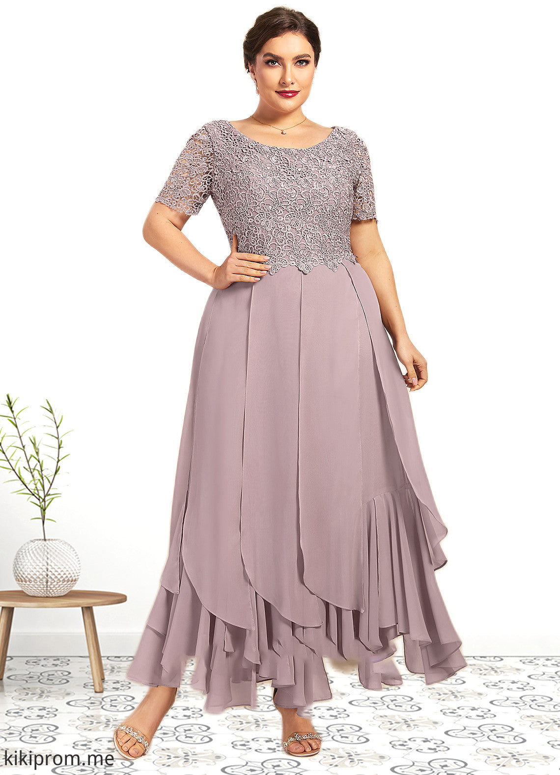 Jazlynn A-Line Scoop Neck Ankle-Length Chiffon Lace Mother of the Bride Dress With Cascading Ruffles STF126P0014555